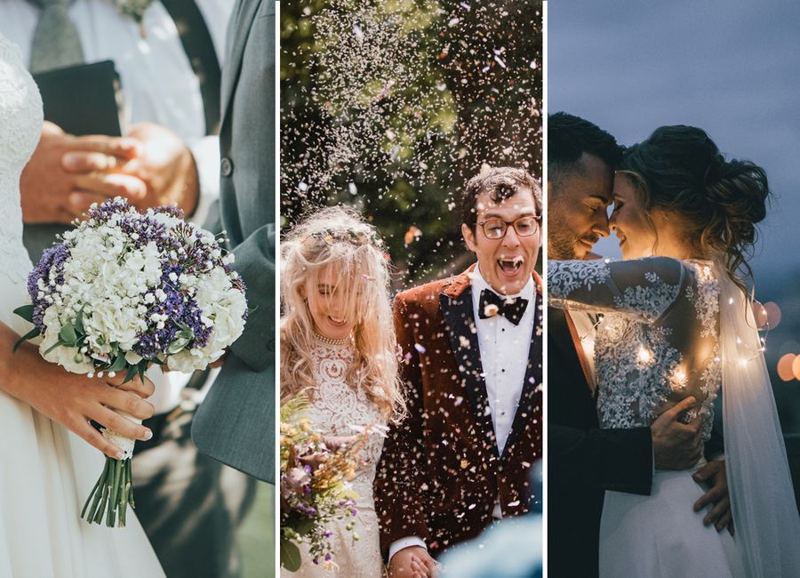 Drie trouwfoto's naast elkaar. De eerste is van de hand van een bruid die een boeket vasthoudt, tegenover haar man. De tweede is een bruid en bruidegom in een wolk van confetti. De derde is de bruid en bruidegom die 's nachts met sprookjesachtige lichten om zich heen, aan het dansen zijn.