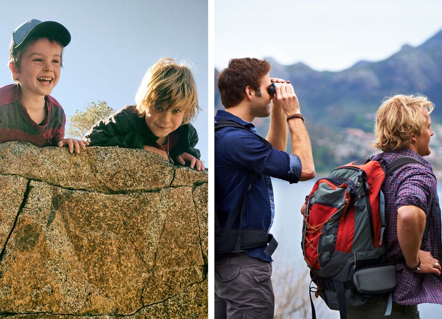Twee foto's naast elkaar, de eerste met twee kleine jongens die een rots beklimmen, de tweede met volwassenen tijdens een wandeling.