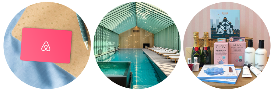 Een afbeelding met banners van de drie prijzen die je kunt winnen: een Airbnb-voucher en albelli-voucher voor de eerste plaats, een Botanic Sanctuary Antwerp-voucher en albelli-voucher voor de tweede plaats, en een luxe verwenpakket met albelli-voucher voor de derde plaats.