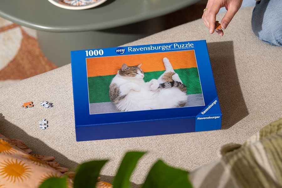 Een gepersonaliseerde albelli puzzel met een kat op de voorkant, als inspiratie voor kinderfeest spelletjes en kinderfeestje activiteiten.