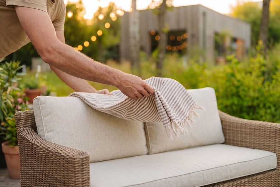 Iemand legt een lichte plaid over een loungesofa in de tuin, als inspiratie voor zomerse buitendecoratie en een ontspannen zithoek in de tuin.