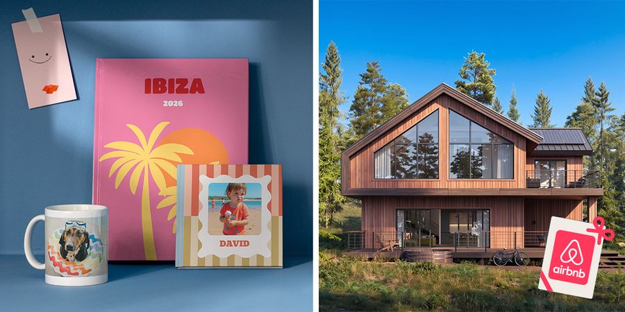 Een selectie gepersonaliseerde albelli producten, waaronder fotoboeken en een mok, staat naast een prachtig huis en verbeeldt de prijzen van de albelli zomerfotowedstrijd, waaronder Airbnb-vouchers.