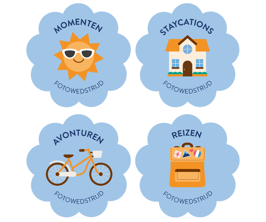 Vier geïllustreerde iconen die de wekelijkse thema's van de albelli Zomerfotowedstrijd weergeven: een zon voor Zomermomenten, een huis voor Zomer-Staycations, een fiets voor Zomeravonturen en een rugzak voor Zomerreizen.