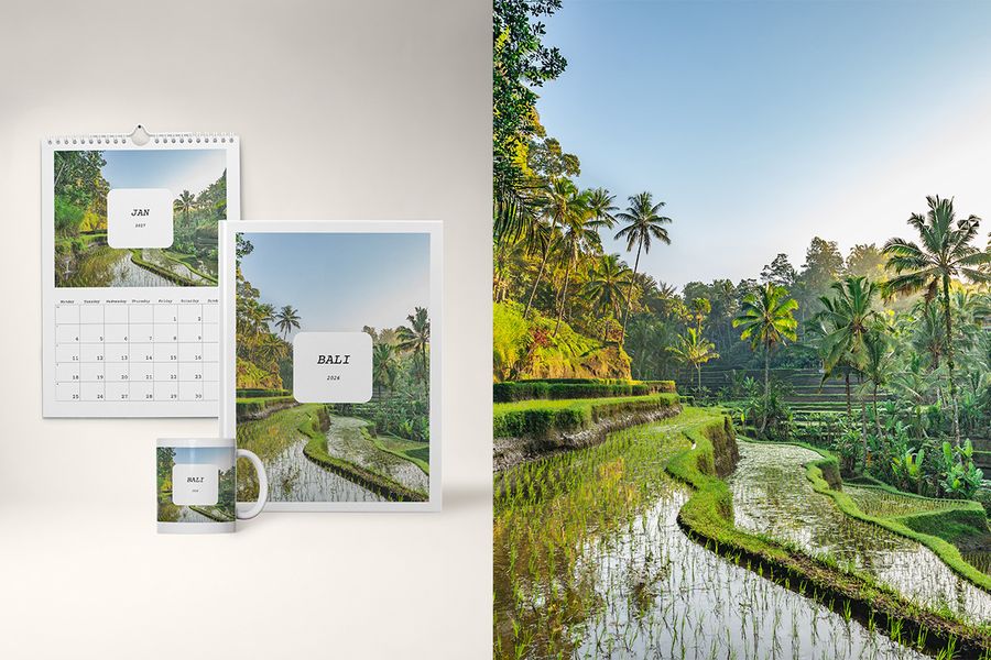 Een fotoboek, kalender en mok in het Full Story-ontwerp van albelli, met gedurfde, gelaagde typografie en redactionele lay-outs die aanvoelen als een reisdagboek.