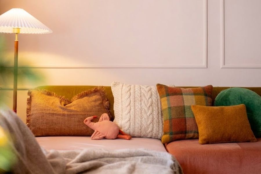 Een gezellige woonkamer met een warme staande lamp naast een bank vol verschillende kussens, waaronder een oranje gingham-kussen en een groen fluwelen kussen, in herfstkleuren, ter illustratie van albelli's tips om veelgemaakte hygge-stijlfouten te vermijden met zachte texturen en warm licht.