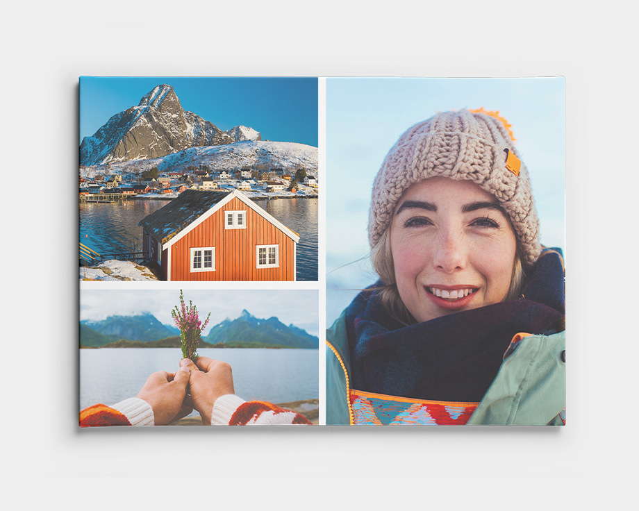 Een collage op canvas met twee landschapsfoto's en een foto van een lachende persoon.