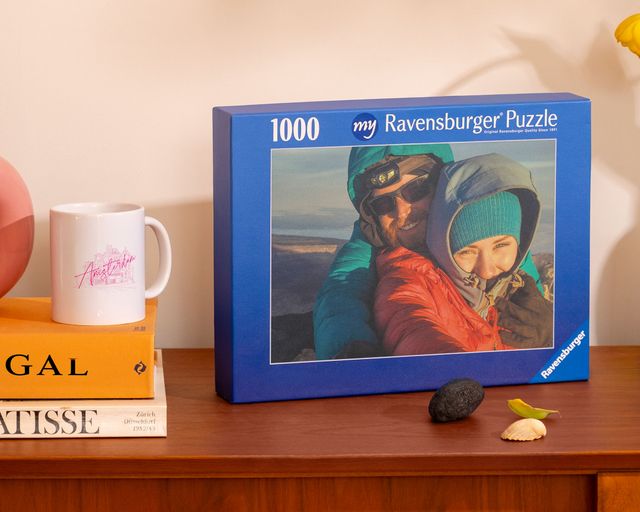 De cadeauselectie: ingelijst canvas, puzzel, fotoblok en een mok.
