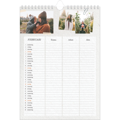 A4 Familieplanners — Natuurlijke handcraft - gezinsplanner 3 personen [Februari]