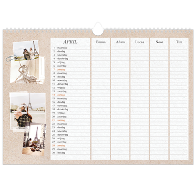 A3 Familieplanners — Natuurlijke handcraft - gezinsplanner 5 personen [April]