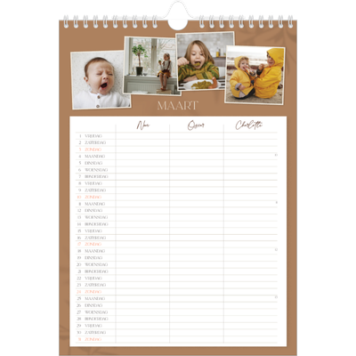 A4 Familieplanners — Warme aardetinten - gezinsplanner 3 personen [Maart]