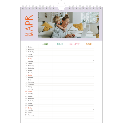 A4 Familieplanners — Vrolijk & kleurrijk - gezinsplanner 4 personen [April]