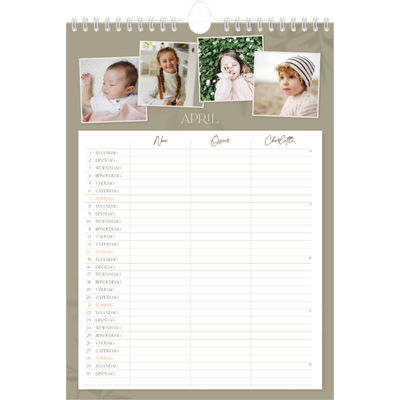 A4 Familieplanners — Warme aardetinten - gezinsplanner 3 personen [April]