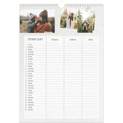 A3 Familieplanners — Natuurlijke handcraft - gezinsplanner 3 personen [Februari]