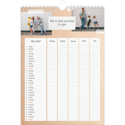 A4 Familieplanners — Natuurlijke handcraft - gezinsplanner 5 personen [Maart]