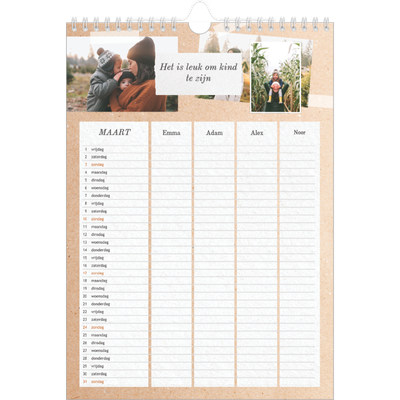 A4 Familieplanners — Natuurlijke handcraft - gezinsplanner 4 personen [Maart]