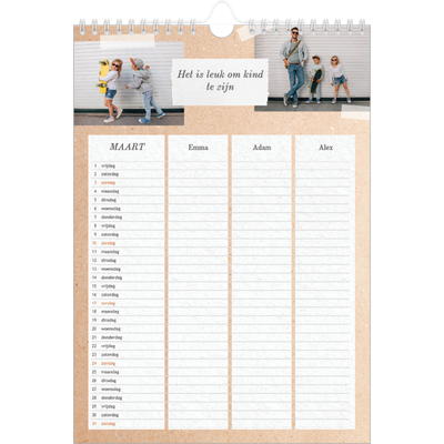 A4 Familieplanners — Natuurlijke handcraft - gezinsplanner 3 personen [Maart]