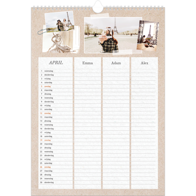 A3 Familieplanners — Natuurlijke handcraft - gezinsplanner 3 personen [April]