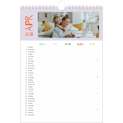 A4 Familieplanners — Vrolijk & kleurrijk - gezinsplanner 5 personen [April]