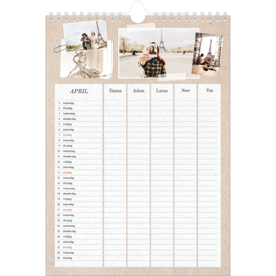 A4 Familieplanners — Natuurlijke handcraft - gezinsplanner 5 personen [April]