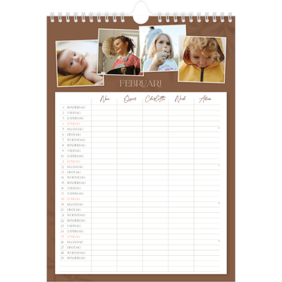 A4 Familieplanners — Warme aardetinten - gezinsplanner 5 personen [Februari]