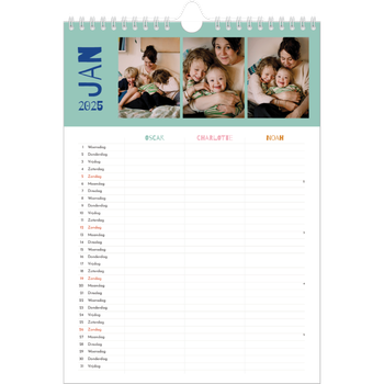 Fotokalender A4 — Vrolijk & kleurrijk - gezinsplanner 3 personen