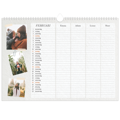 A3 Familieplanners — Natuurlijke handcraft - gezinsplanner 4 personen [Februari]
