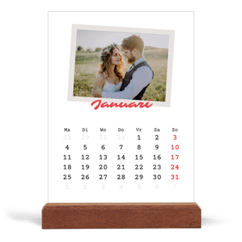 Bureaukalender met houten standaard — Karmijnrode handtekening