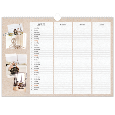 A3 Familieplanners — Natuurlijke handcraft - gezinsplanner 3 personen [April]