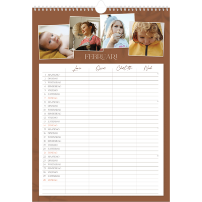 A3 Familieplanners — Warme aardetinten - gezinsplanner 4 personen [Februari]