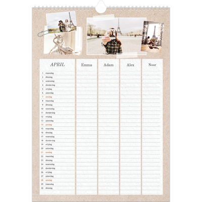 A3 Familieplanners — Natuurlijke handcraft - gezinsplanner 4 personen [April]