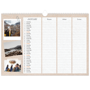 Fotokalender A3 — Natuurlijke handcraft - gezinsplanner 3 personen